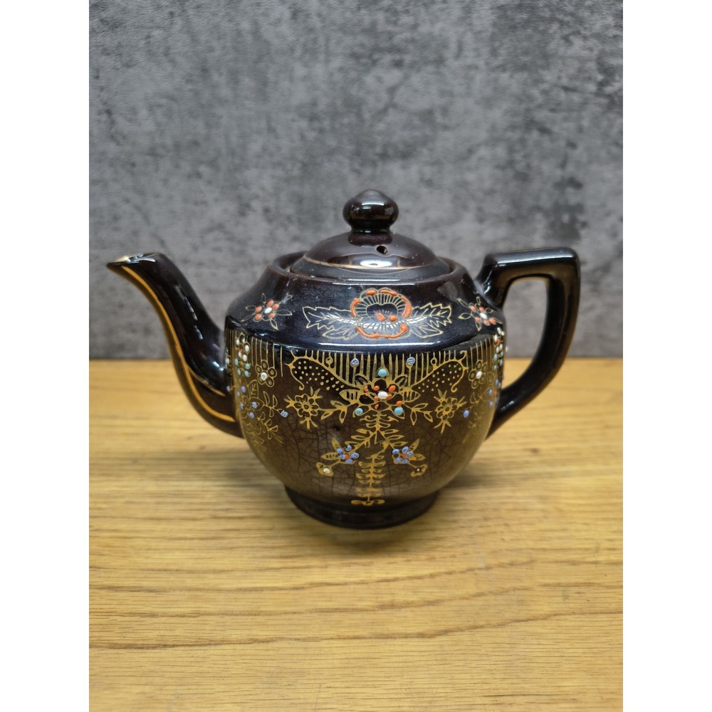 Vintage Japan Teapot Brown Glazed Hand-Painted Moriage Floral Design